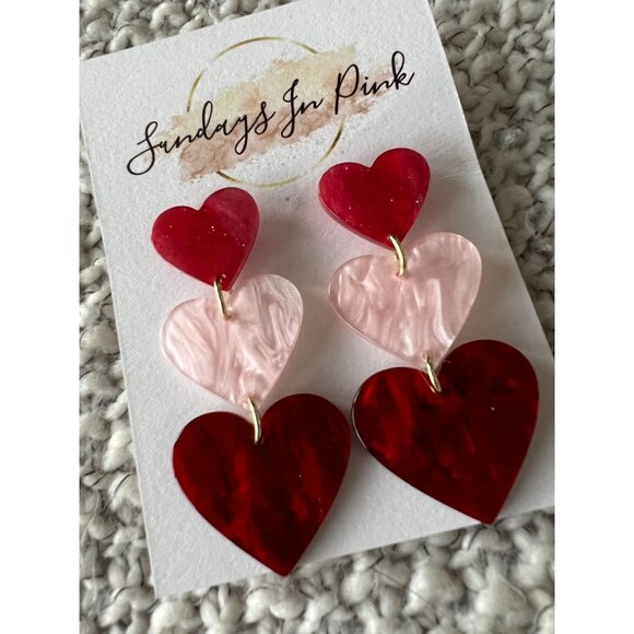 HEART Pink Red Love Valentine Tiered Drop Earrings NEW - Picture 3 of 3